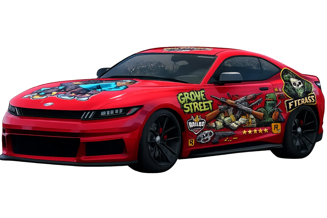 Grove Street vehicle sticker wrap laid across a red muscle car