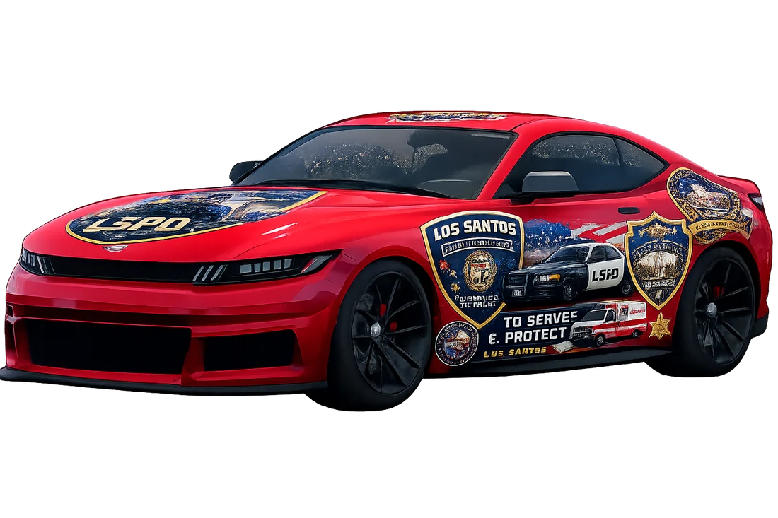 LSPD vehicle sticker wrap laid across a red muscle car